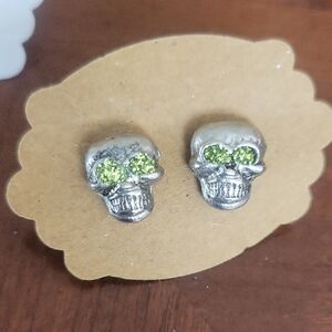 Green Crystal Skull Stud Earrings - Silver Tone